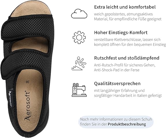 Aerosoft Reha-schoen Stretch 17 dames heren breedte G-H klittenbandsluiting antislip, Zwart, 44 EU